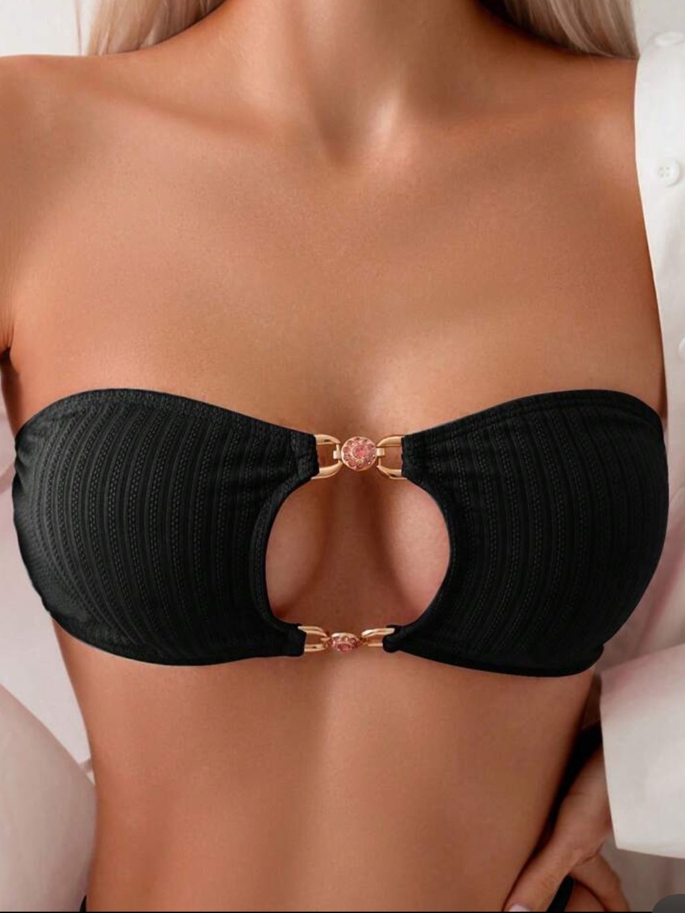 Strapless Black Cutout Bikini Top with Gold Accents